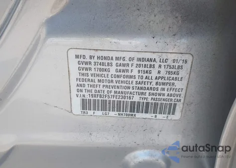 2015 Honda Civic Lx z USA, uszkodzony, nr VIN 19XFB2F57FE230167